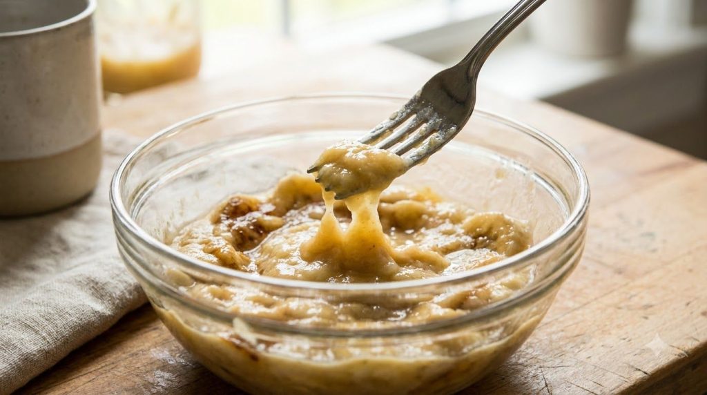 A close-up of bananas being mashed with a fork