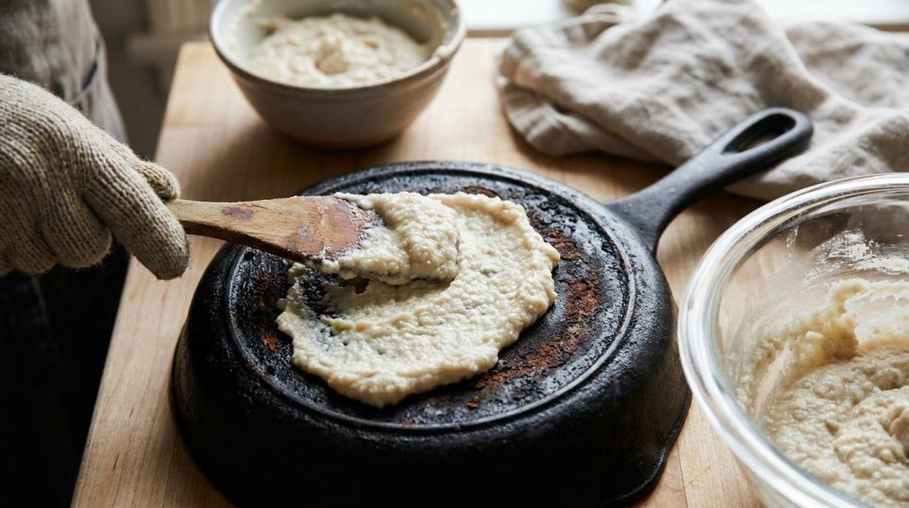 Close-up of a thick creamy paste made from mayonnaise and baking soda being applied generously to the burnt blackened bo