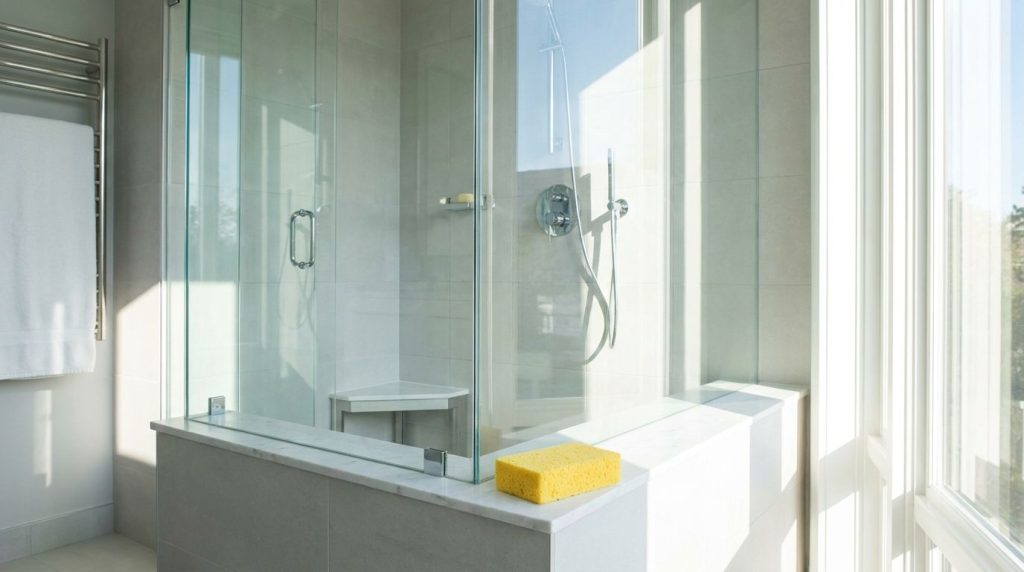 A sparkling clean glass shower door and gleaming chrome fixtures reflecting light with no water spots or soap scum visib