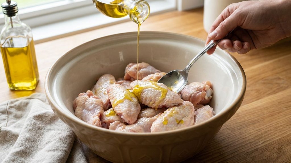 Raw chicken wings being tossed in a large bowl with a drizzle of olive oil