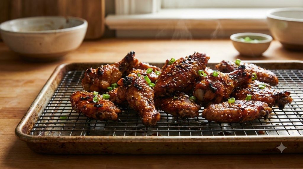 Sticky glazed chicken wings on a wire rack on a baking sheet fresh out of the broiler with a rich caramelized sheen