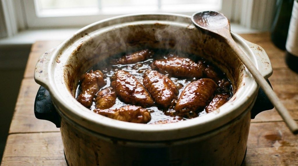 Chicken wings simmering in a slow cooker covered in a dark glossy sauce