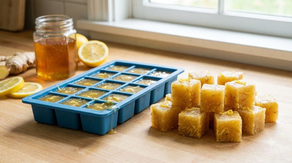 An ice cube tray filled with golden liquid with finished ginger lemon honey cubes next to it ready to be frozen or store