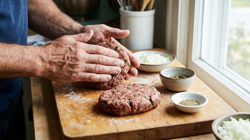 Hands forming ground beef into oval hamburger steak patties