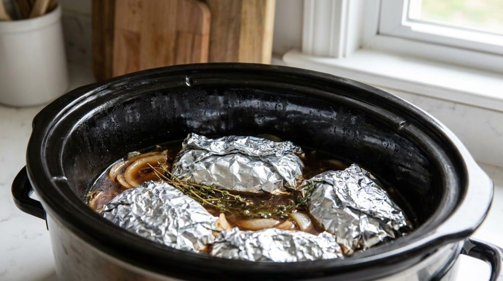 Foil packets arranged inside a slow cooker before cooking