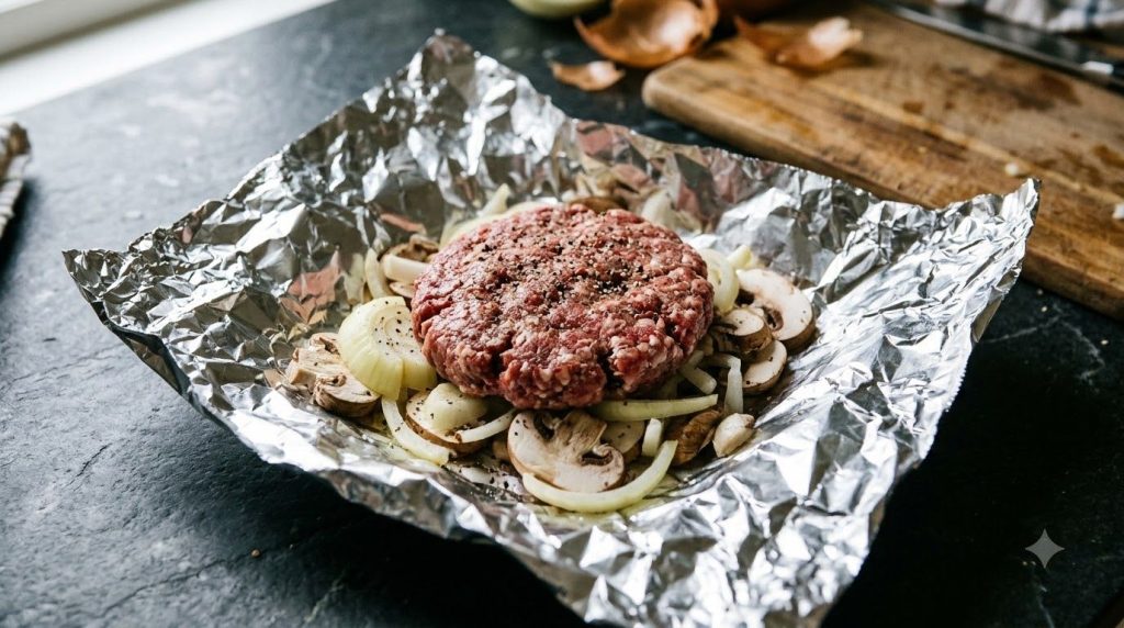 Assembling a foil packet with hamburger steak onions and mushrooms