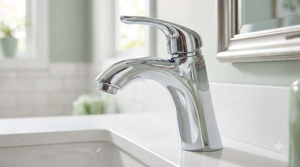 A sparkling clean chrome bathroom faucet after being cleaned reflecting light A soft cloth is nearby