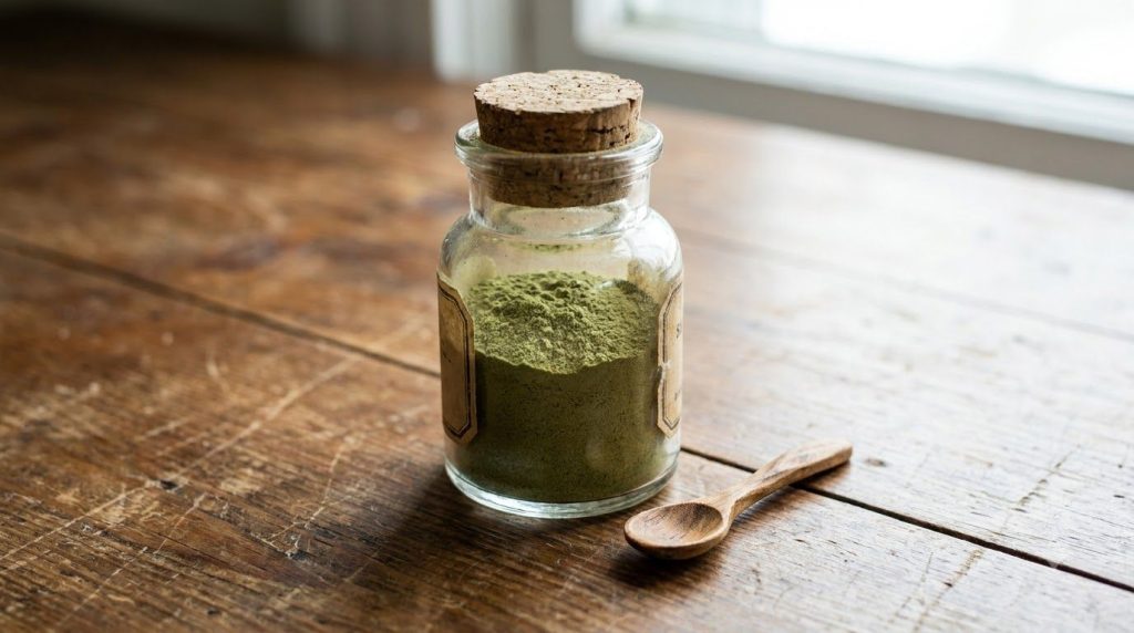 A close-up of sassafras filé powder in a small glass jar with a wooden spoon