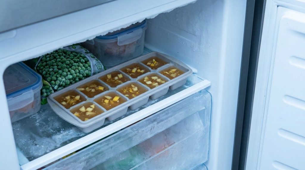 Ice cube tray filled with golden liquid ginger lemon honey mixture placed in a freezer