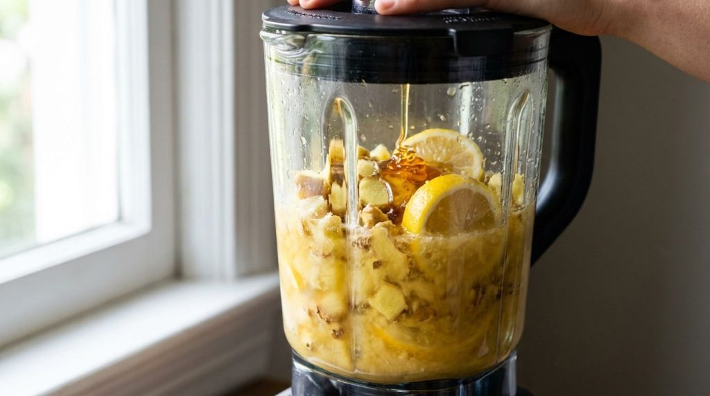 Close-up of a blender blending ginger lemon and honey into a smooth golden liquid