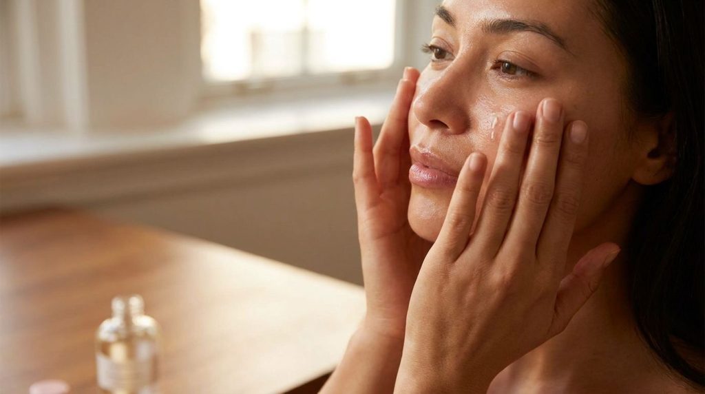 A close-up of hands gently massaging baby oil onto a woman s face