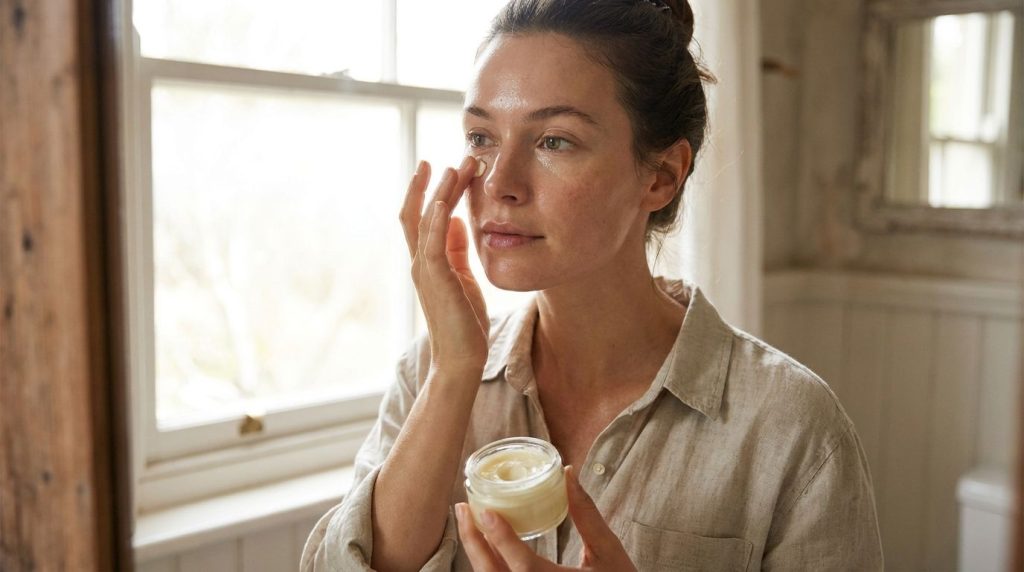 A close-up of a woman gently applying a homemade under-eye cream with her fingertip showing a subtle glow around her eye