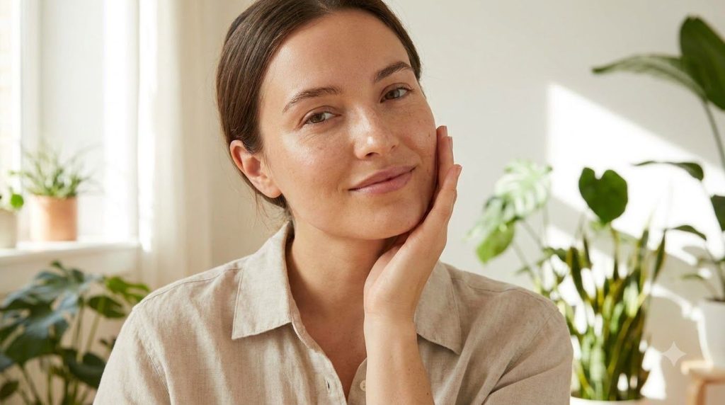 A woman with glowing dewy skin touching her cheek smiling gently showing a fresh and hydrated complexion