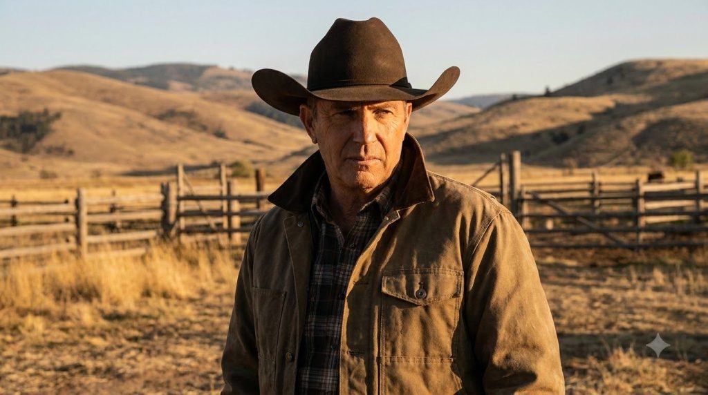 Kevin Costner as John Dutton in Yellowstone wearing a cowboy hat and serious expression