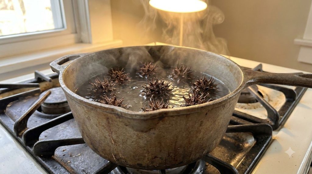 A close-up of a pot on a stovetop simmering sweetgum balls in water with steam rising