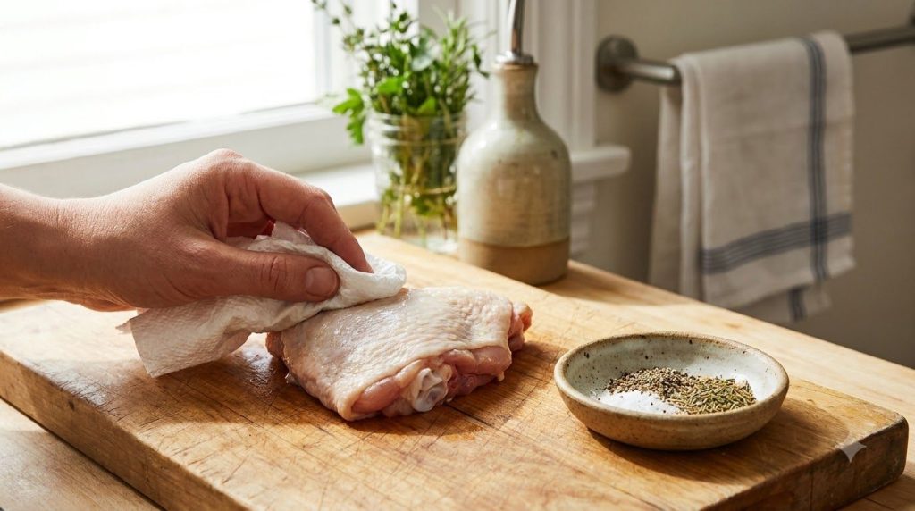 A raw chicken thigh on a cutting board being patted dry with a paper towel There is a small bowl of seasoning next to it