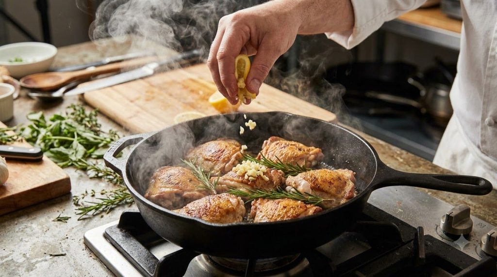 Close-up of minced garlic and fresh lemon slices being added to a hot cast iron skillet with seared chicken thighs