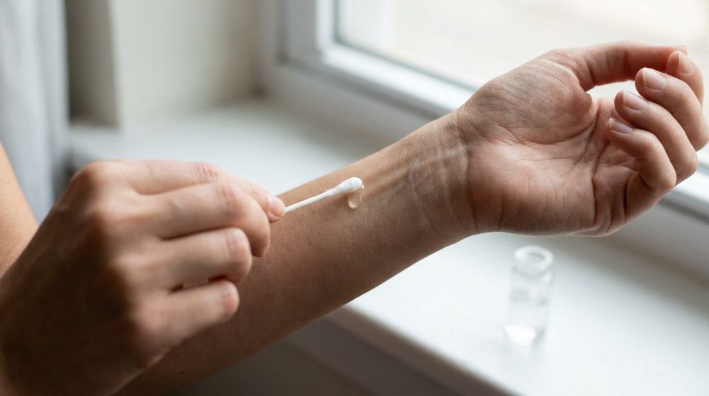 A woman performing a patch test on her inner arm with a cotton swab showing a responsible approach to using a DIY beauty