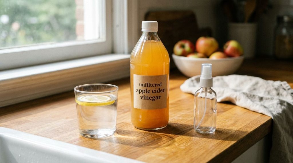 Two bottles one containing apple cider vinegar and another with water with a small bowl or spray bottle for mixing The s