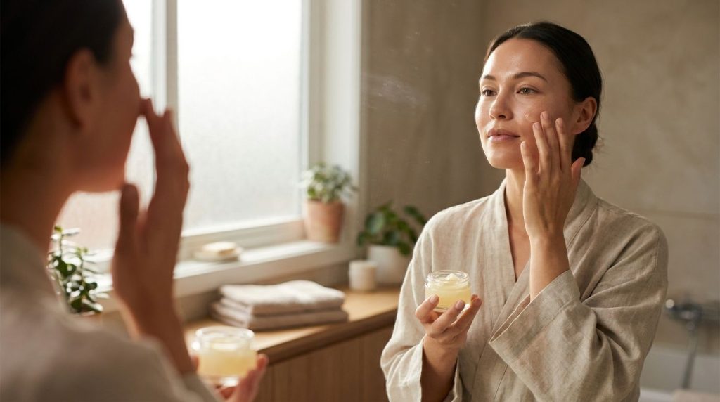 A woman gently applying a small amount of the light yellow glow gel to her cheek with her fingertips demonstrating prope