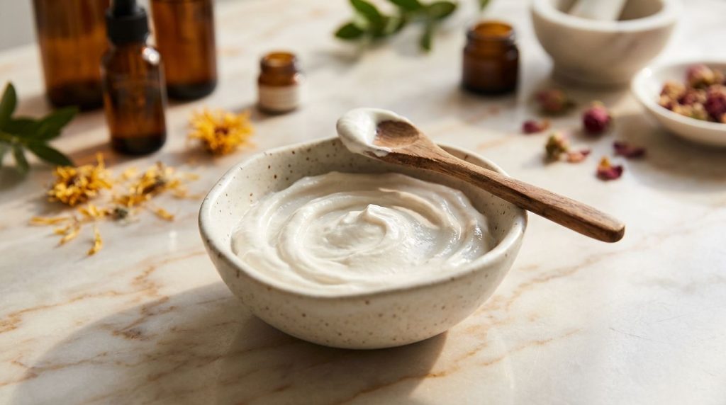 A close-up shot of the mixed DIY paste in a small bowl showing its smooth texture with the ingredients Vaseline baby oil