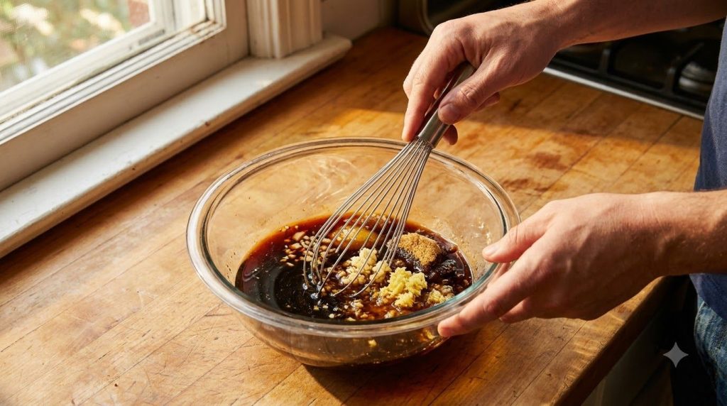 Hands whisking together soy sauce honey garlic ginger and other ingredients in a bowl for the sticky chicken sauce