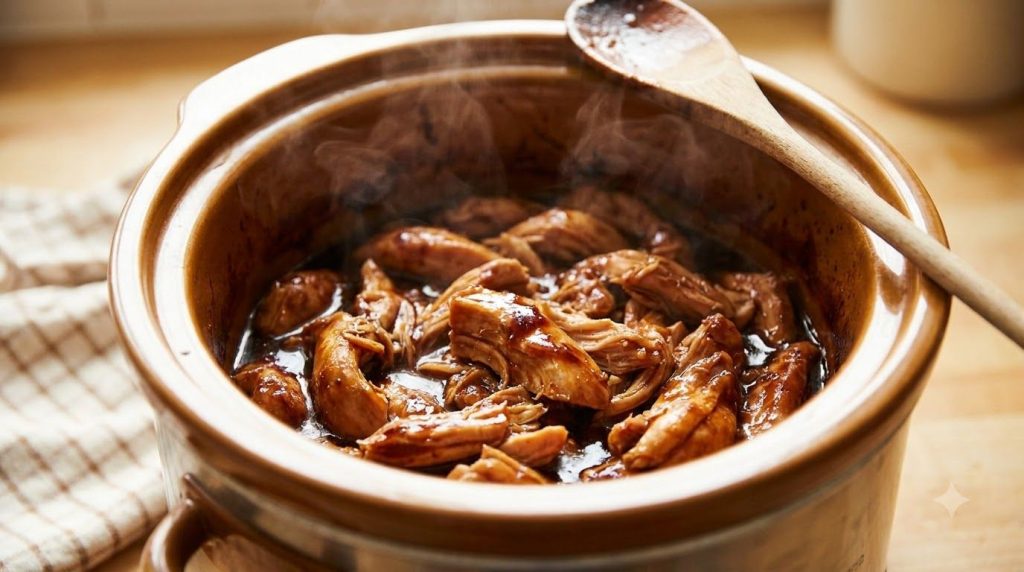 Tender shredded sticky chicken tossed in a rich glossy thickened sauce inside the slow cooker