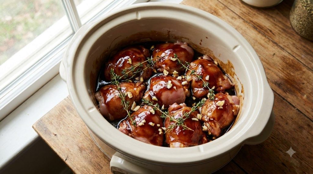 Boneless skinless chicken thighs submerged in the sticky sauce inside a slow cooker before cooking