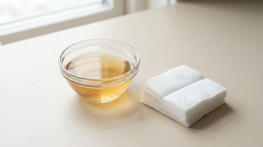 A finely strained clear light amber liquid in a small glass bowl with a few sterile cotton pads beside it ready for an e