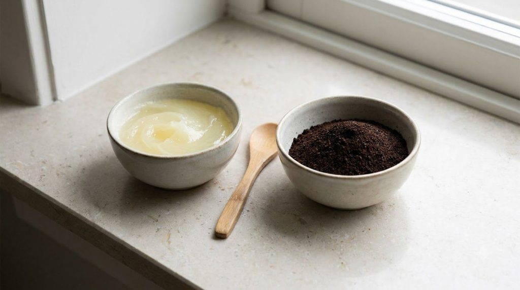 Two small bowls one with Vaseline and the other with fine coffee grounds ready to be mixed on a clean countertop
