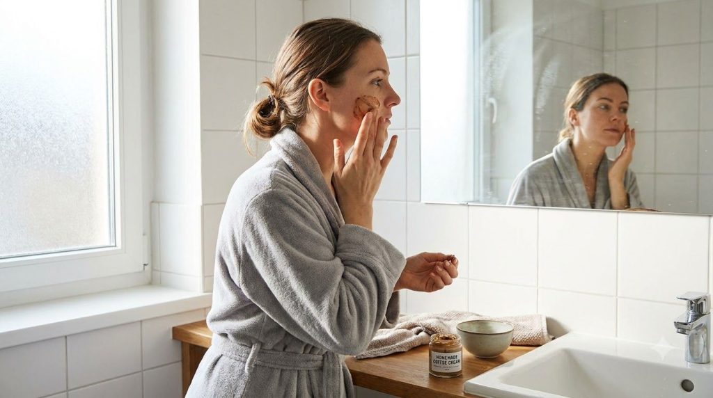 A woman gently massaging a small amount of the homemade Vaseline and coffee cream onto her clean face demonstrating the 