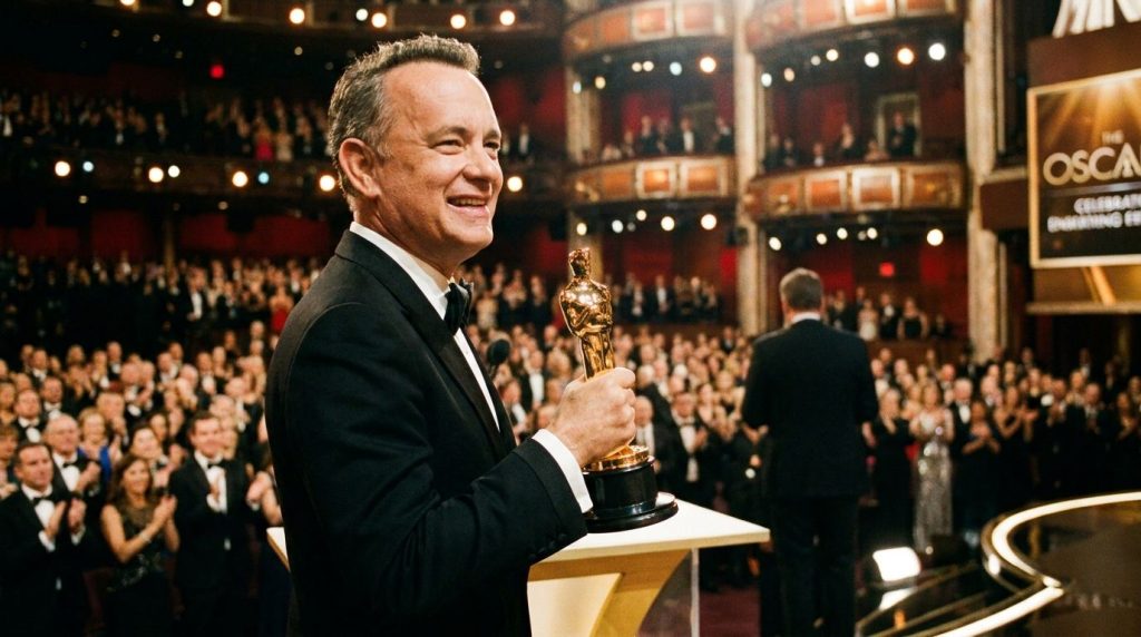 Tom Hanks accepting an Academy Award looking genuinely happy