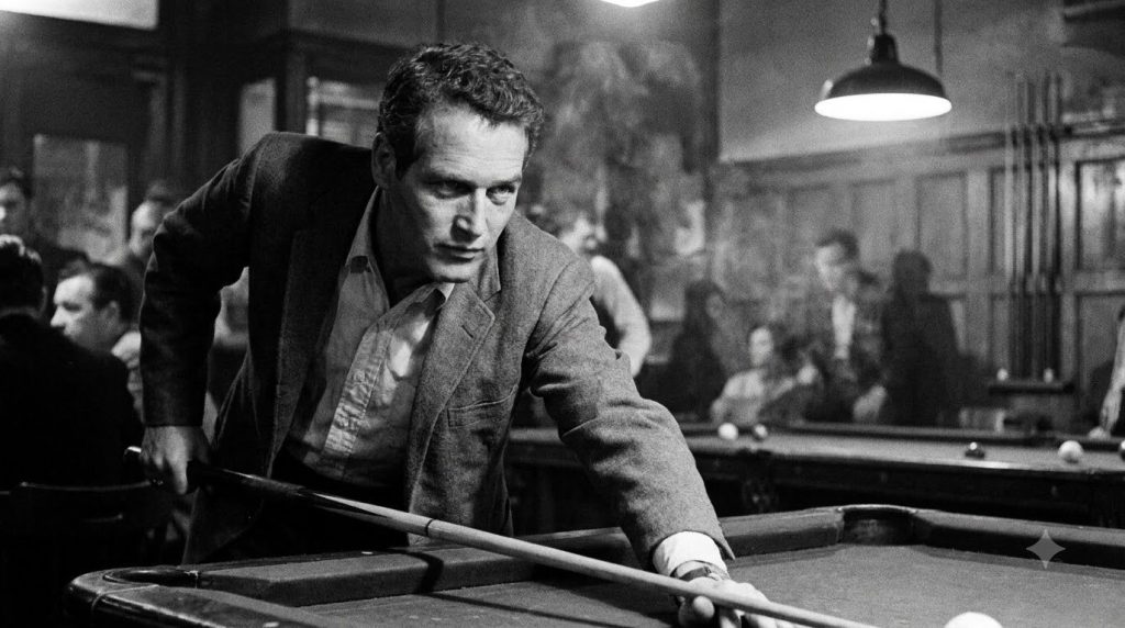 Paul Newman as Fast Eddie Felson in The Hustler leaning over a pool table with intense focus