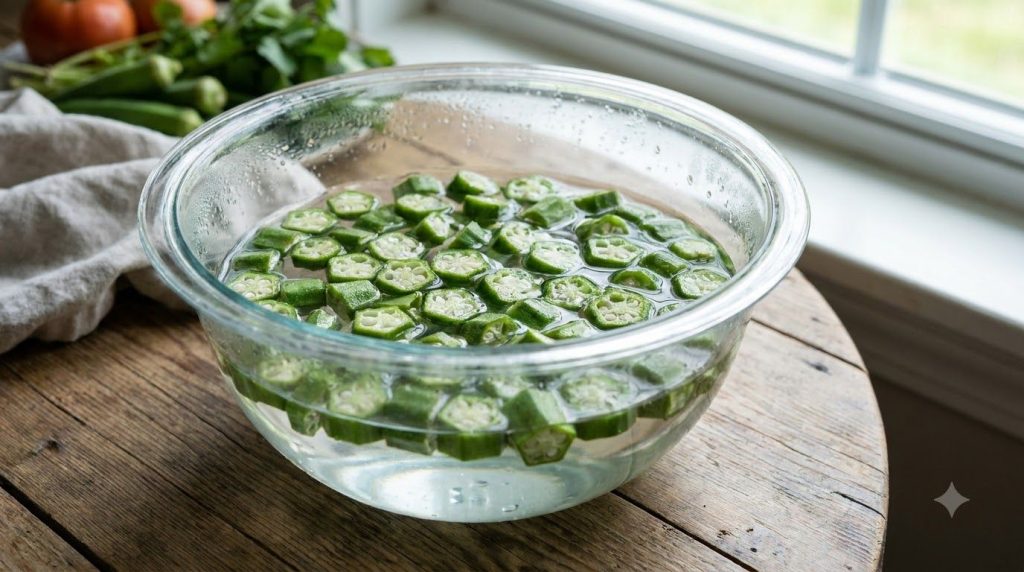 Close-up of neatly chopped green okra pods soaking in a clear glass bowl filled with water ready for an overnight infusi