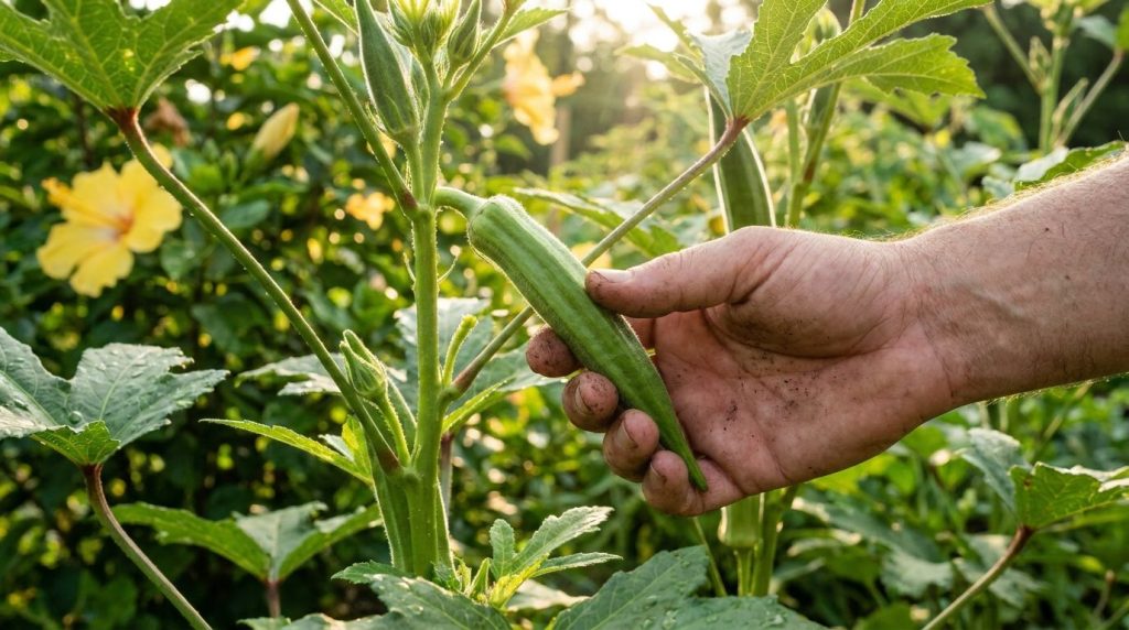 A hand gently picking a fresh green okra pod from a healthy okra plant with visible leaves and a pale yellow flower in a
