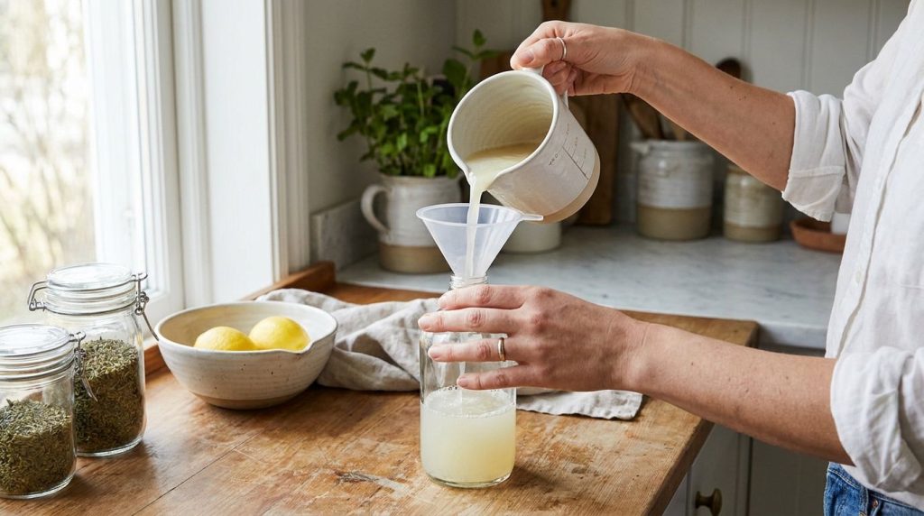 Female hands carefully pouring the homemade cleaning mixture into a transparent spray bottle using a funnel