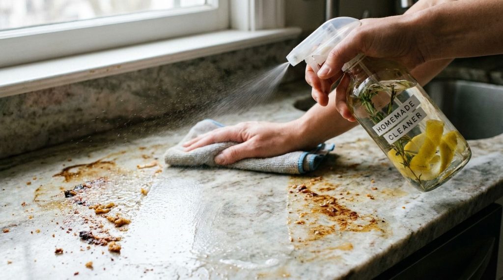 A close-up of a hand cleaning a dirty kitchen countertop with a spray bottle of homemade cleaner and a microfiber cloth 
