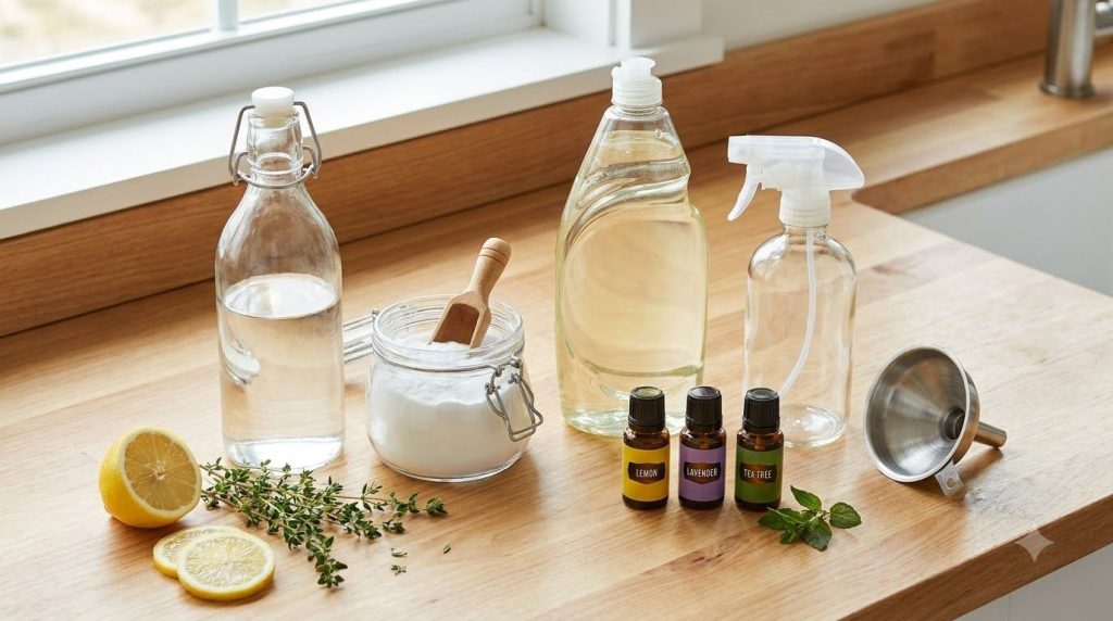 Various natural cleaning ingredients like white vinegar baking soda dish soap and essential oils arranged on a kitchen c