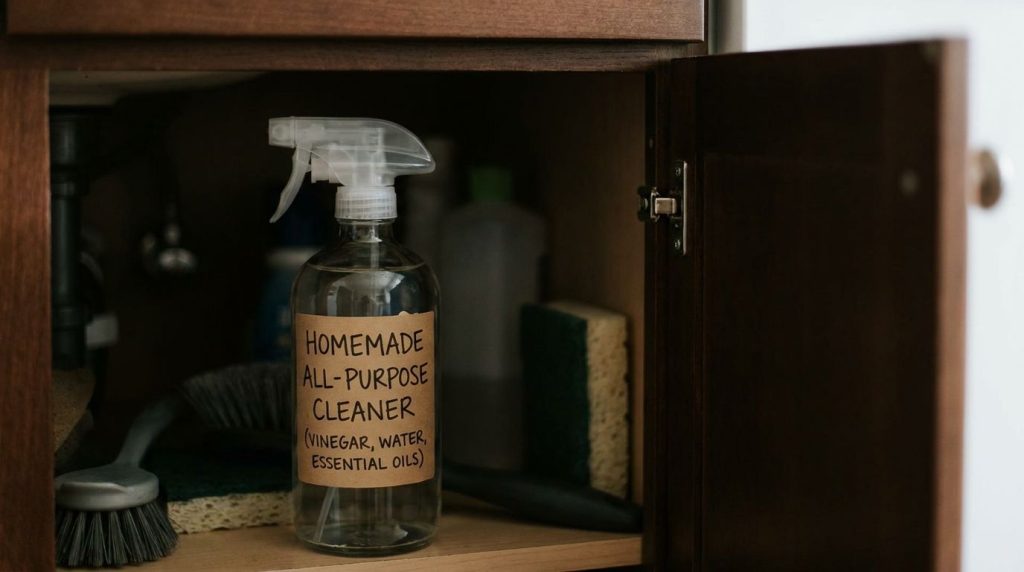 A labeled spray bottle of homemade all-purpose cleaner stored neatly in a cool dark cabinet under a sink