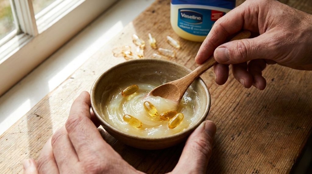 A close-up of a small glass jar containing a creamy light yellow balm with a few Vaseline and Vitamin E capsules next to