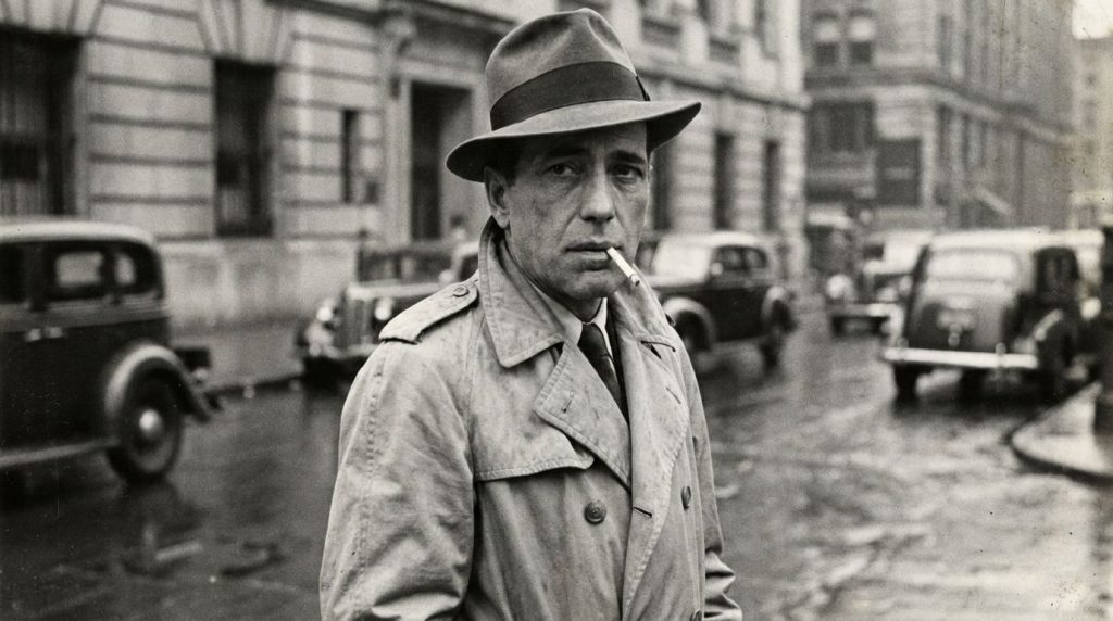Archival black and white photo of Humphrey Bogart in his classic fedora and trench coat smoking a cigarette