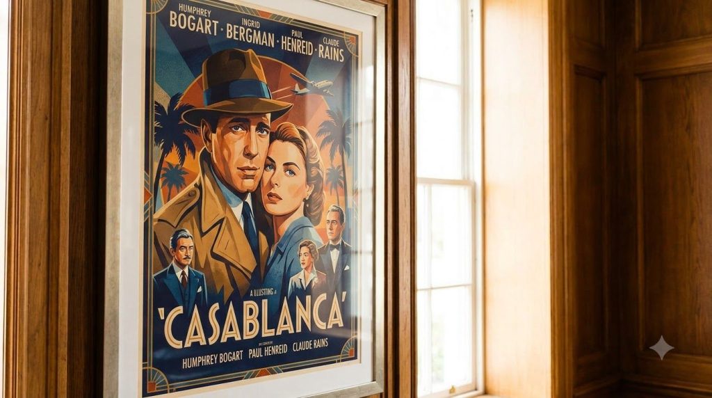 Classic movie poster for Casablanca featuring Humphrey Bogart and Ingrid Bergman