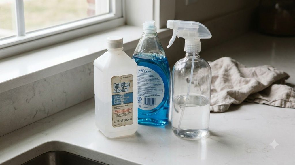 Ingredientes principales alcohol para frotar jabón líquido azul para platos y una botella rociadora listos para la mezcl