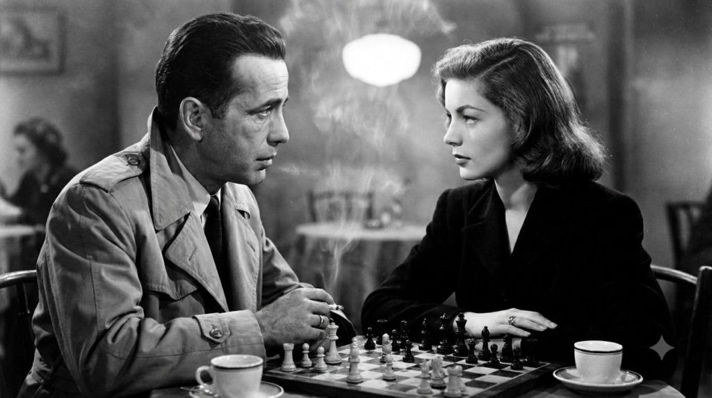 Still image of Humphrey Bogart and Lauren Bacall from a classic film possibly Casablanca or To Have and Have Not