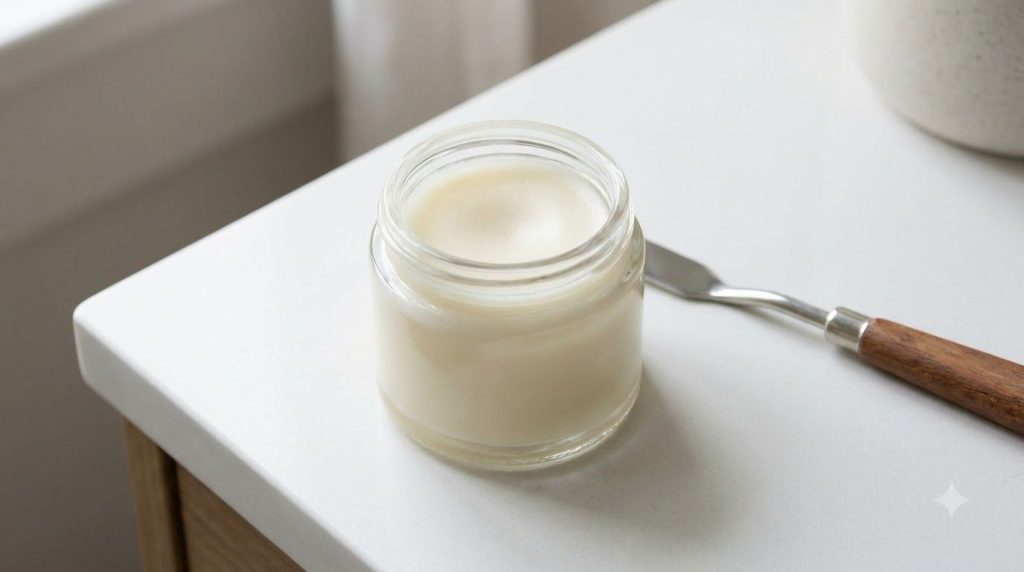 A small clear glass jar filled with the prepared Nordic Secret balm showing a smooth creamy texture A clean spatula or s