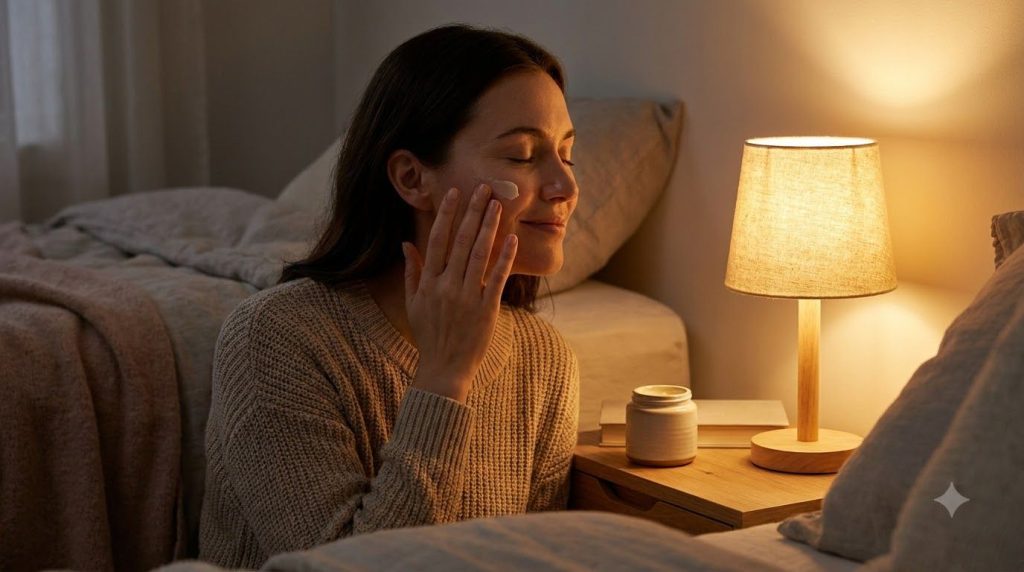 A woman gently applying a small amount of the balm to her clean face before bedtime with a soft warm glow indicating an 