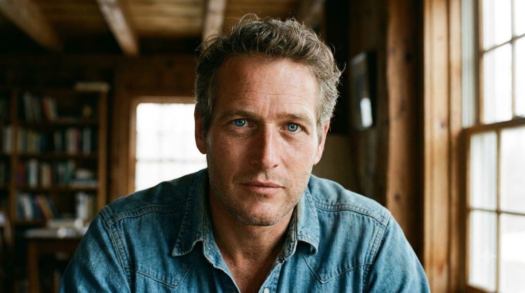 A young Paul Newman with his signature blue eyes looking intensely at the camera perhaps in an early headshot or film st