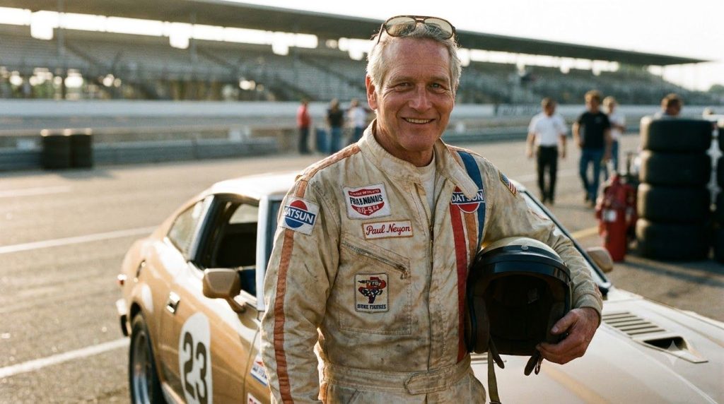 Paul Newman smiling wearing a racing suit and helmet next to a race car on a track