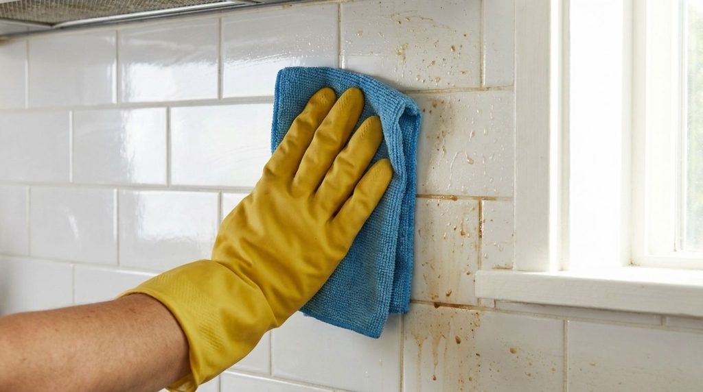 A hand scrubbing a greasy kitchen tile backsplash with a microfiber cloth and the cornstarch-dish soap mixture showing b