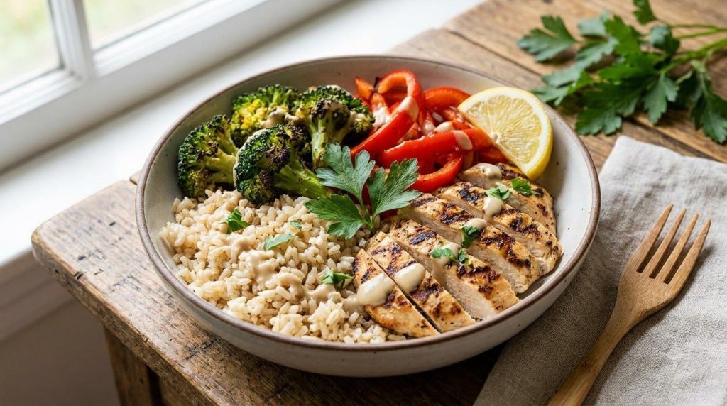 A vibrant healthy meal prep bowl featuring a base of brown rice or quinoa topped with colorful roasted vegetables like b